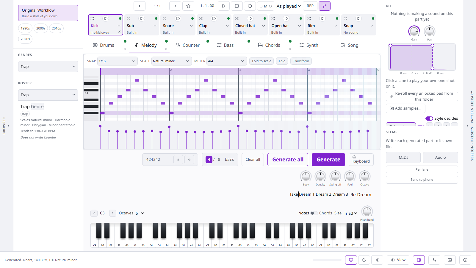 Freally MIDI Master with a trap melody generated: the drum pads across the top, the
            piano roll and its velocity lane, the four Re-Dream clips under it, and the on-screen
            keyboard along the bottom.
