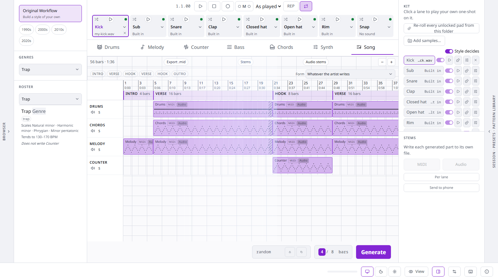 Song Mode: a 56-bar arrangement on a timeline, with INTRO, VERSE, HOOK and OUTRO
            sections and one editable clip per part — drums, chords, melody and countermelody —
            each carrying its own MIDI and Audio chip.