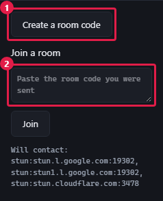 The Room panel with the Create a room code button boxed in red and numbered 1, and the Let them in button — where you paste the code somebody sent you — boxed and numbered 2.