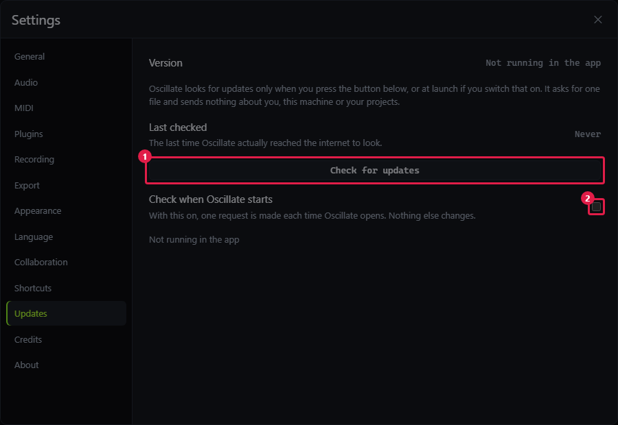Settings with the Updates section selected, the Check for updates button boxed in red and numbered 1, and the Check when Oscillate starts toggle boxed and numbered 2 in its off position.